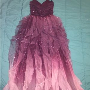Strapless Burgundy ombré prom dress with ruffles